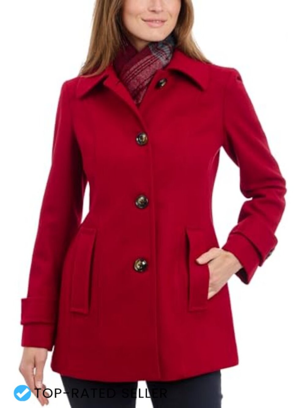 Wool Blend Single-Breasted Pea Coat with Plaid Scarf Peter Pan Collar